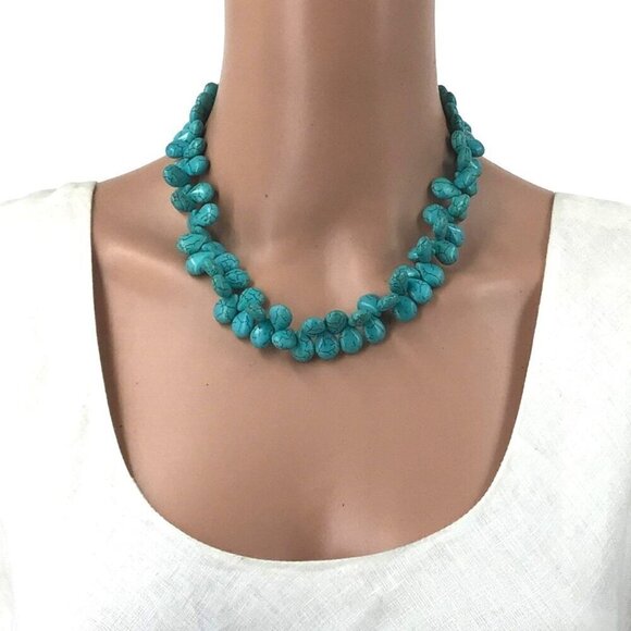 Howlite Necklace Blue Beaded Double Row Adjustable Length - Picture 2 of 2